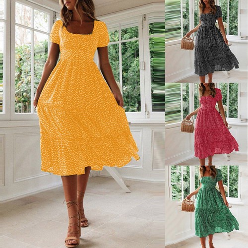 Women Floral Boho Holiday Beach Midi Dress Ladies Summer Swing Kaftan Sundress