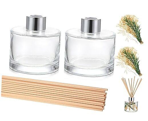  2 Reed Diffuser Sets Flower Oil Diffuser Sticks with Refill Empty White, Wood