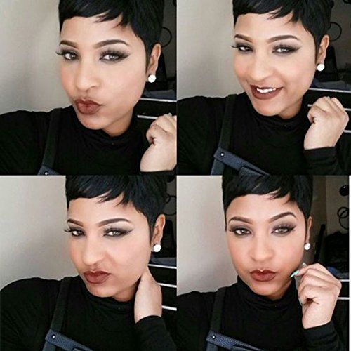 Black Short Pixie Cut Wig Straight With Bangs Real Human Hair No Lace For Party - Picture 9 of 17