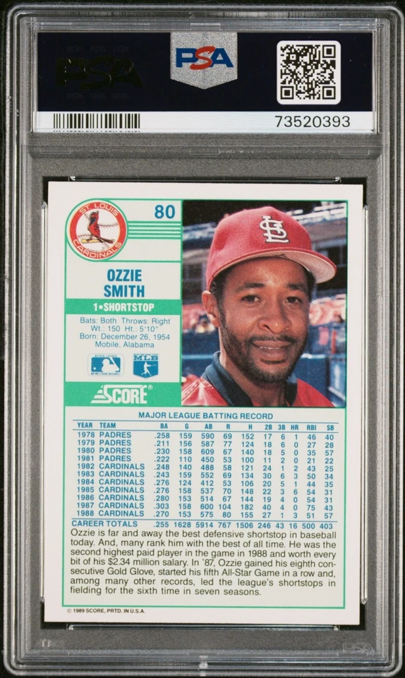 1989 Score Ozzie Smith Baseball Card #80 PSA 10 Gem Mint - Image 2 of 3