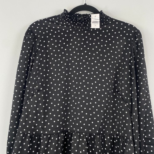 LOFT Dotted Smocked Flare Dress Size 16 Black White Polka Dot Long Sleeve - 第 2/11 張圖片