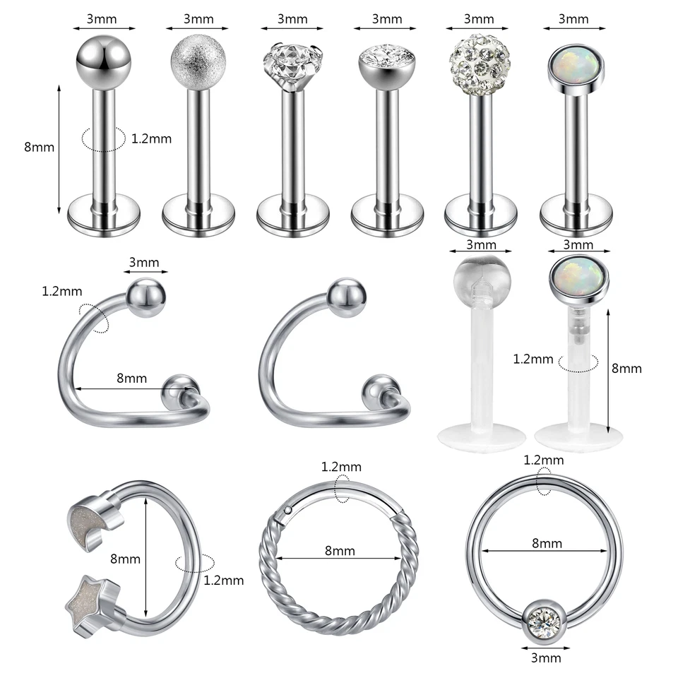 8-13 piezas piercings labiales de acero inoxidable 16G circonita cúbica hélice piercing aro nariz anillo Foto 3 de 4