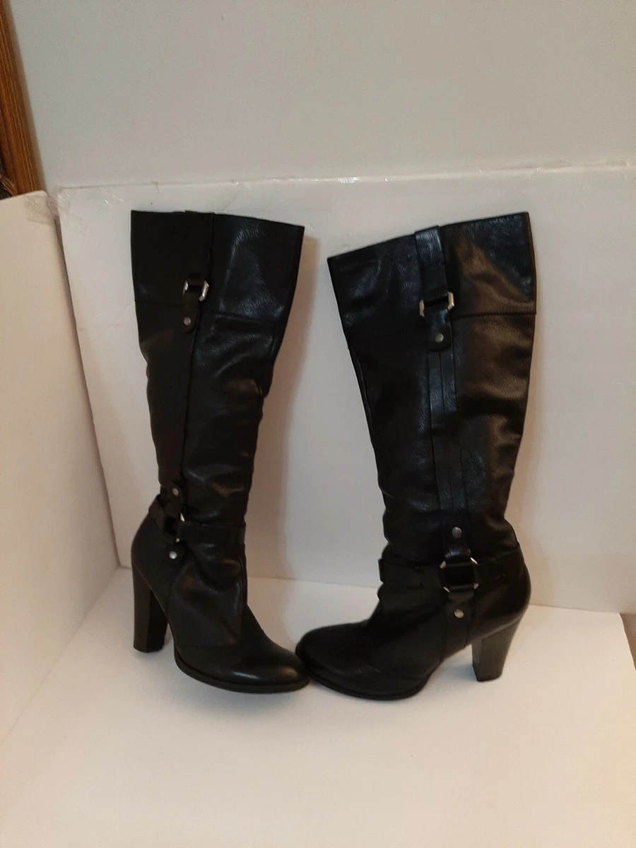 Nine West Tall Black Leather Boots Womens Size 10 M Chunky Heels