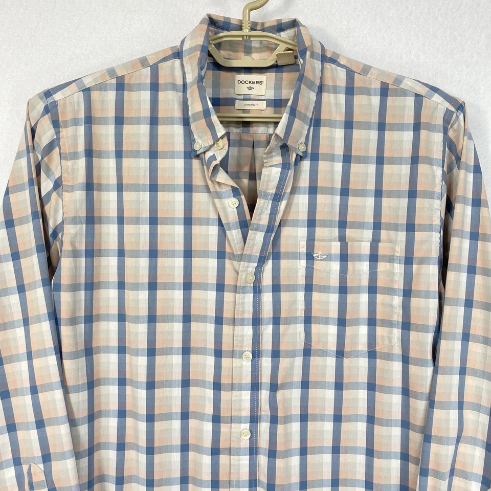 Camisa de vestir Dockers para hombre ajuste estándar L rosa azul blanco a cuadros estilo derby Foto 2 de 4