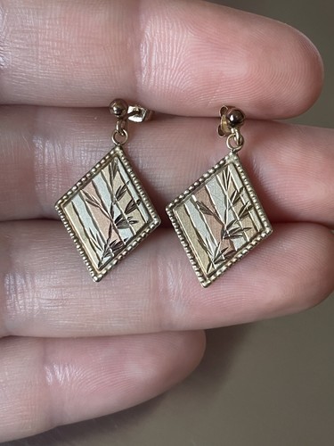 Vintage 9ct 375 Tri Gold Diamond Shape Cut Plant Drop Dangle Stud Earrings 0.85g