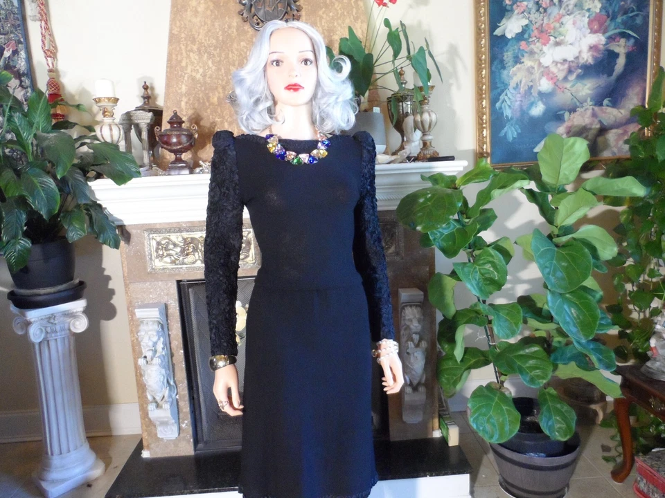 Vestido Adolfo Negro Tejido Línea A Vintage con Mangas Largas Adornado Talla M Foto 3 de 4