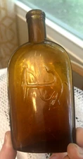 NICE AMBER COLORED BOLD NAVY ANCHOR FLASK HALF PINT 1880'S ERA DUG L@@K