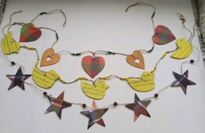 Hand Crafted Garland Lot 3 Hearts Stars Plaid & Newspaper Prints Wood Cardboard 