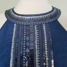Monsoon Blue Silky Sleeveless Lined  Evening Dress Sequins Back Split Size 12
