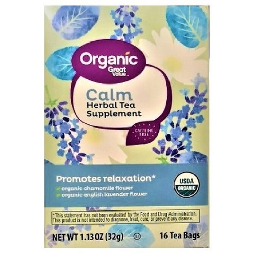 Great Value Organic Calm Herbal Tea Supplement Relaxation 16 Tea Bags