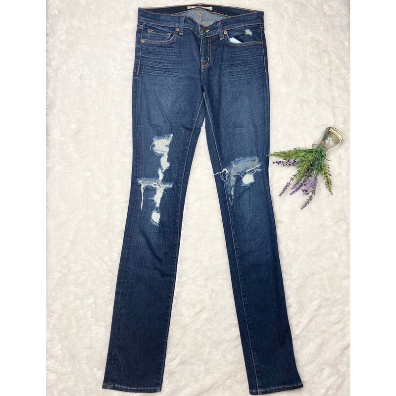 J Brand Super Low Rise Pencil Leg Jeans Dark Wash Ripped Distressed  Sz 27 LONG