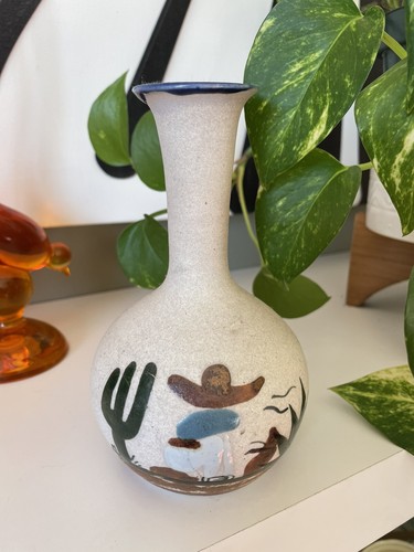 Vintage mexikanische Keramik Vase signiert 6" Volkskunst schlafender Mann unter Kaktus glasiert - Bild 2 von 8