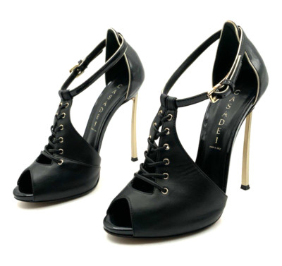 CASADEI Black Leather Mesh Trim Sandals Blade Heels Size 8B Good Condition