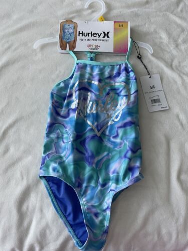 Girls HURLEY One Piece Swimsuit Bathing Suit Aqua/Purple Tie-dye Print Sz 5/6 - Picture 1 of 5