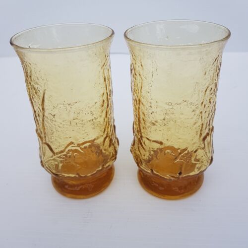 Vintage Amber Anchor Hocking Rainflower Flat Tumbler Drinking Glasses Set of 2 - Picture 3 of 8