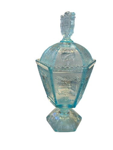 IMPERIAL AZURE BLUE CARNIVAL GLASS ZODIAC PATTERN COVERED CANDY JAR HEISEY SHAPE - Picture 9 of 12