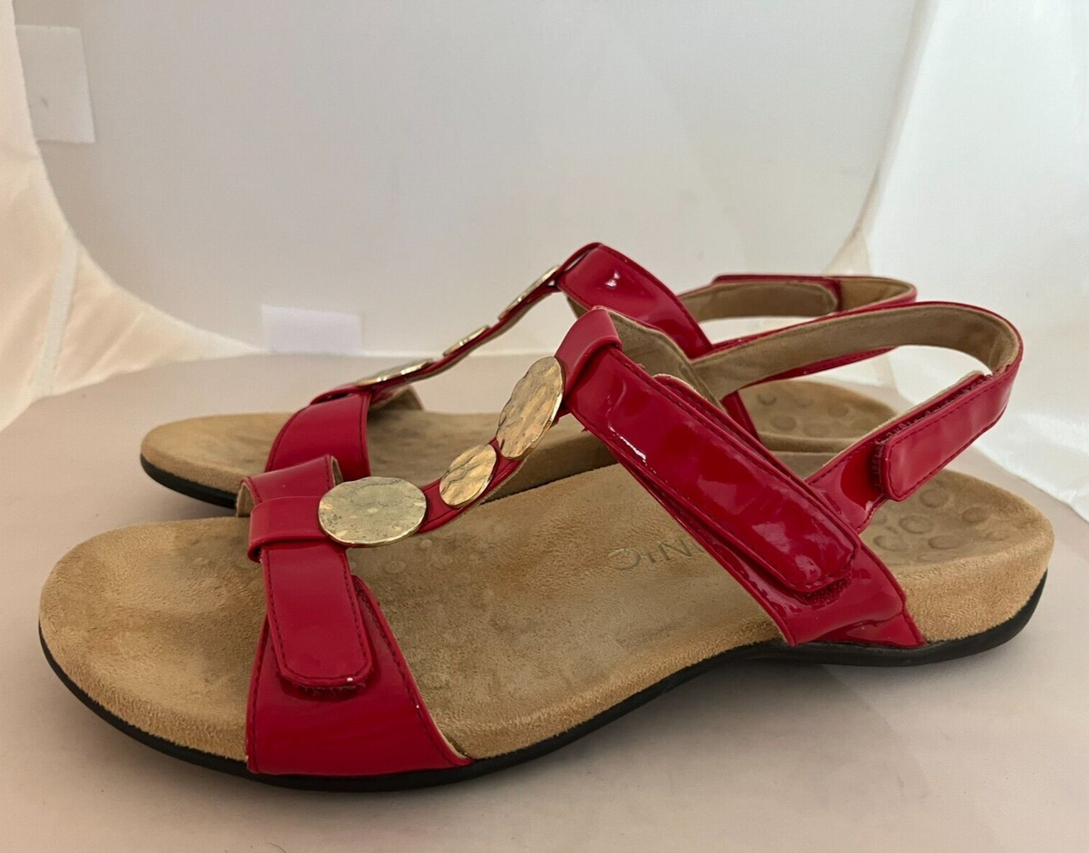 Vionic Farra Women's Red/Gold Patent Leather Orthotic Strappy Sandals Sz 10