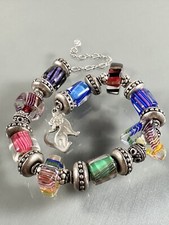 925 Sterling Silver Multicolor Glass Cat Clasp Charm Bracelet 7-9 Inches