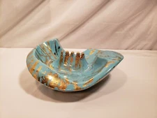MCM Turquoise & Gold Splatter Ceramic Ashtray, No Markings, Large Wave Shaped