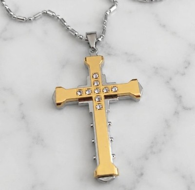 Cross 3D Pendant Necklace Gold Silver Tone Rhinestone Two Tone Unisex Gothic NEW