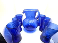 VINTAGE COBALT BLUE HAND BLOWN GLASS WATER PITCHER AND 6 GLASSES