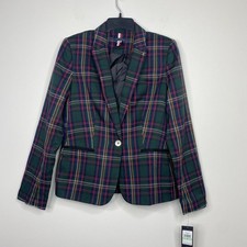 Tommy Hilfiger Women Green Plaid Single-Button Blazer Padded Shoulder Sz 8