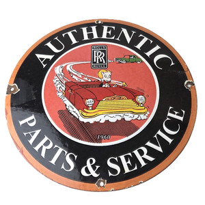 Vintage Rolls Royce Sign - Authentic Parts & Service Gas Pump Porcelain Sign