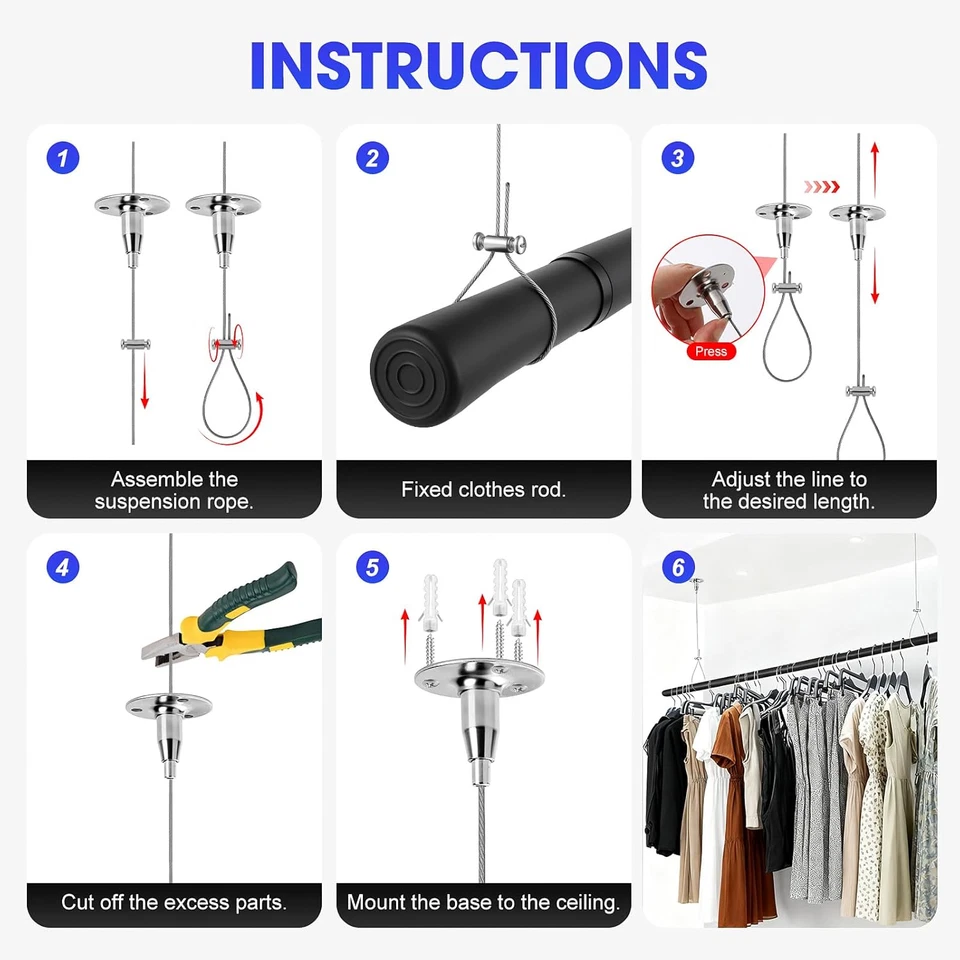 Paquete de 2 soportes de varilla de armario de techo de alta resistencia, 59" montados en techo ajustables... Foto 3 de 4
