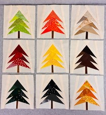 9 handmade cotton unfinished quilt blocks multi color trees 7.75" x 7.75"