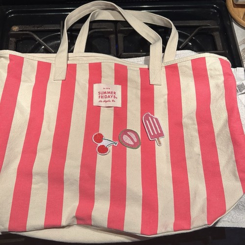 Summer Fridays Guava Striped Tote & Patches