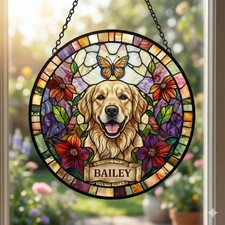 Personalized Dog Portrait Stained Glass Suncatcher, Custom Pet Memorial