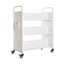 3-Tier Rolling Book Cart Double Sided W-Shelves Library Office Truck White