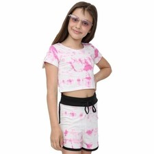Kids Tie Dye Pink Crop Top Shorts Set Active Wear Summer Girls Boys Age 5-13
