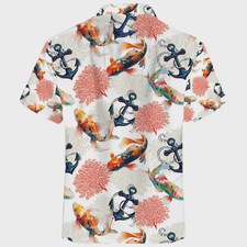 Koi Fish Hawaiian Shirt Anchor Coral Ocean Theme Summer Beach Aloha Print