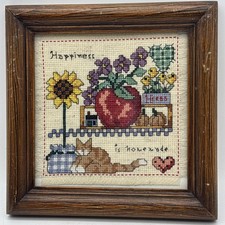 Vintage Framed Cross-stitch Needlepoint Art Floral Cat Cottagecore Wood Frame