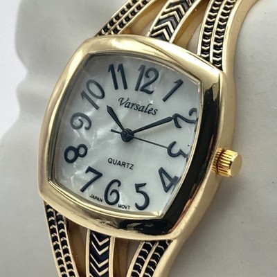 Varsales Women's Watch Gold Tone Cuff MOP Dial Textured Band New Battery 6.75''