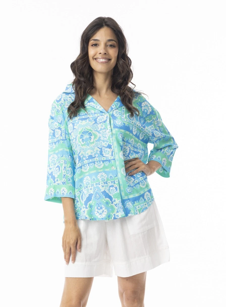 Orientique 12268 Montevideo Aqua/Multi 3/4 Sleeve Shirt Original Price £71.00