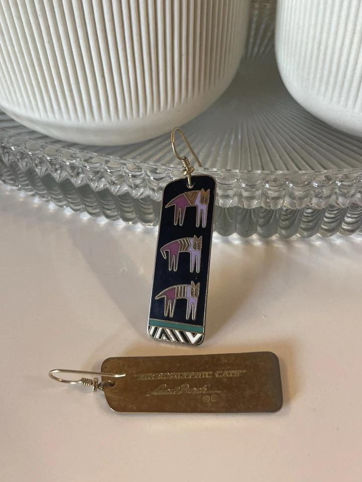 Laurel Burch винтажный иероглифический Cat серьги эмаль ретро фиолетовый клуазоне - Изображение 2 из 4