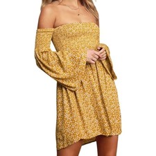 Lulu's Picking Daisies Dress Off Shoulder Bell Sleeve Mini Floral Print Yellow M