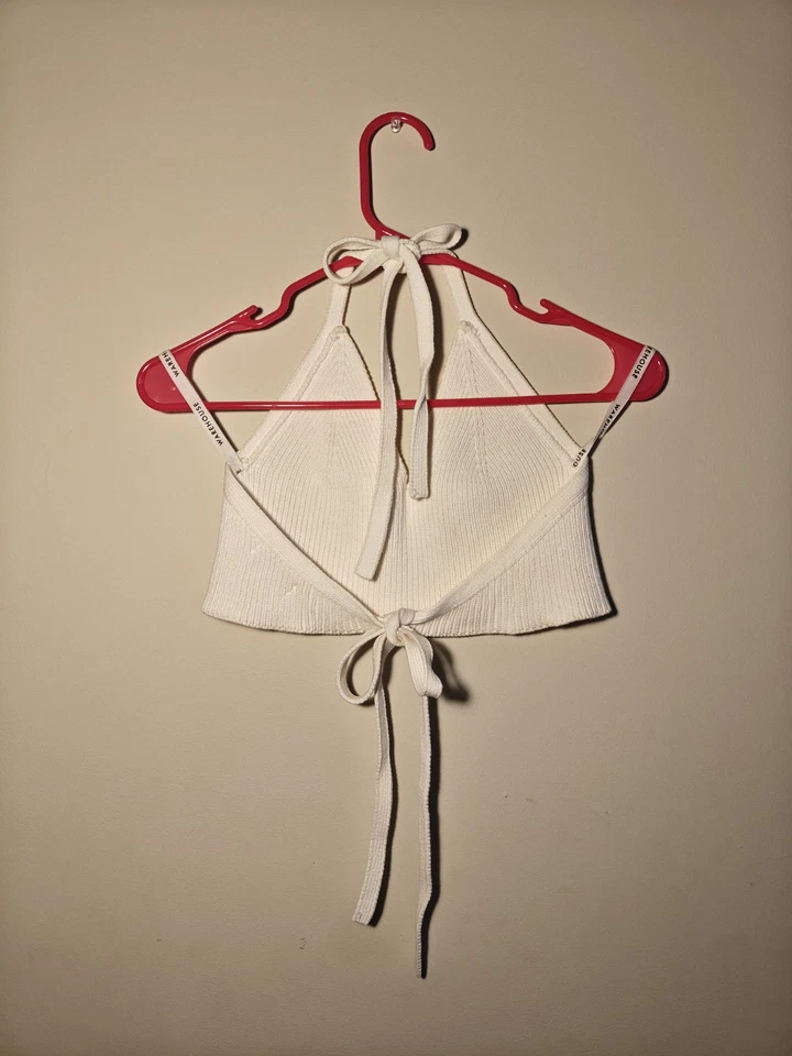 WareHouse Women's Tie Up Halter Top White Crop Size Rib Knit Cotton Shirt V Neck - Image 2 of 4