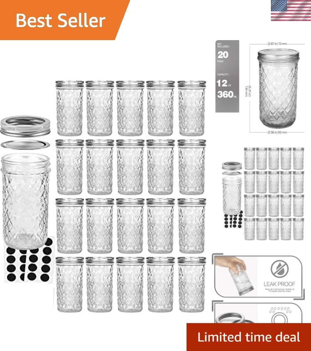 Durable 12oz Glass Jars – Perfect for Canning, Crafts, and Gifts - 20 Pack