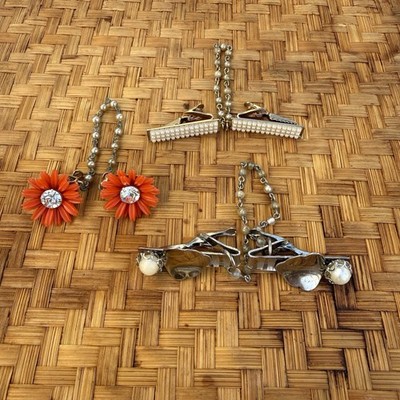 1950s Cardigan Sweater Clips Lot Of 3  Orange Flower Rhinestones Pearl