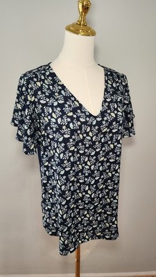 $89.00 LOFT Outlet V-Neck Blouse Floral Chiffon Front Top Navy Blue Shirt Size S