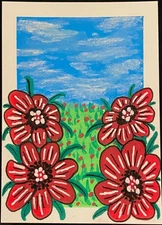 ACEO Original Red Flowers Landscape Artwork Sky Collectible Atc Field Small Art