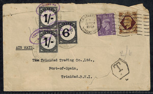 Trinidad & Tobago 1947 Postage Dues SG D23 6d & D25 1/- Vertical Pair on Cover