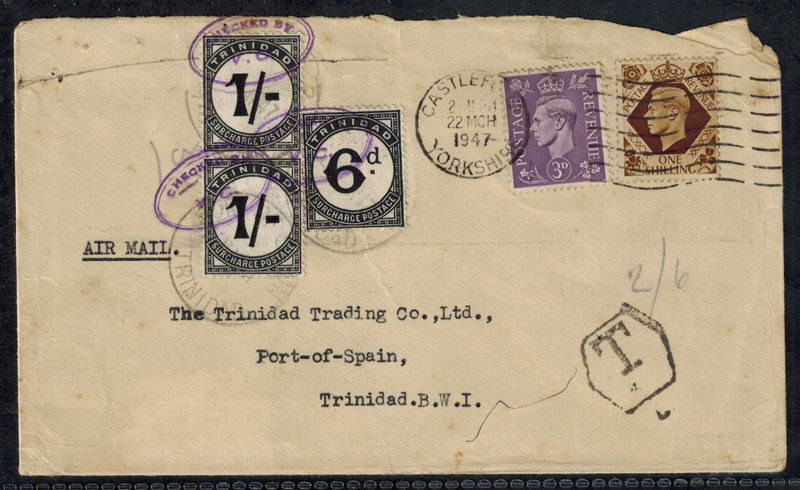 Trinidad & Tobago 1947 Postage Dues SG D23 6d & D25 1/- Vertical Pair on Cover