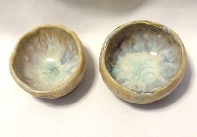 2 Handmade Decorative Clay Pottery Dish Unique Glaze Signed By Artist PJ B2
