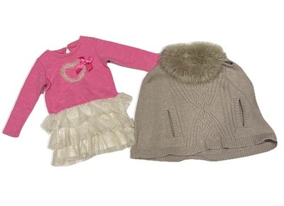 Cutie Pie Toddler Pink Dress Size 24M, Beige Shawl 2T Fur Neck & Slits For Hands