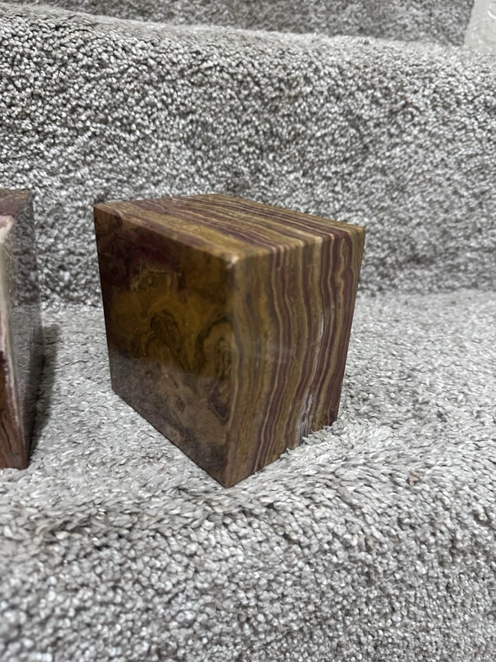 VTG Tan Marbled Stone Square Heavy 3” X 4” Mid Century Modern Decor Bookends - Image 2 of 4