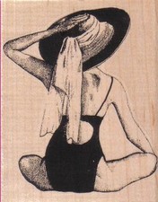 Lady Holding Hat 2 3/4 x 3 1/4" Rubber Stamp, People Stamp, Woman Stamp